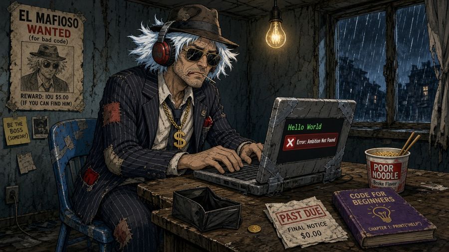 Ilustrație: El Mafiozzo, un bărbat cu păr alb-albăstrui, pălărie, căști roșii și ochelari de soare, la un laptop lipit cu bandă, într-o cameră întunecată, pe ploaie